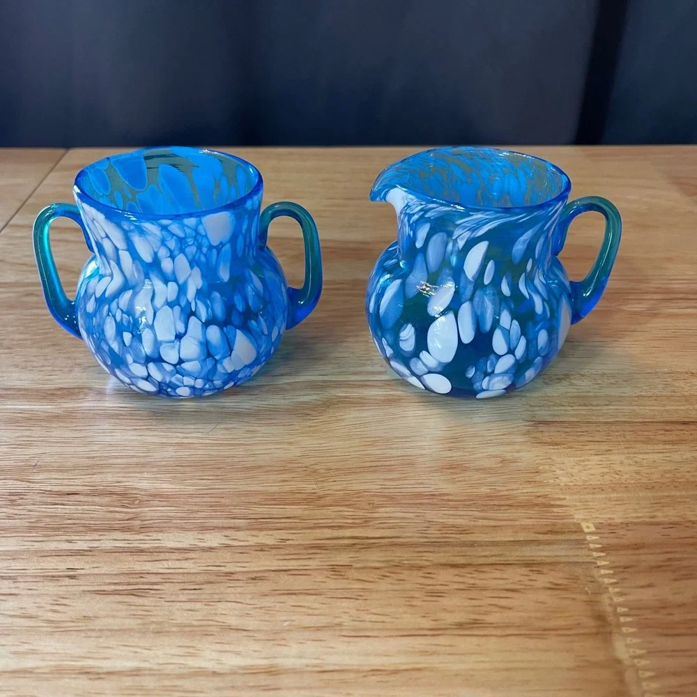 VTG Rainbow Glass Huntington WV Blue White Spatter Creamer Sugar Bowl Hand Blown